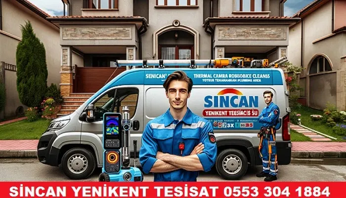 Profesyonel Yenikent tesisatçı, Sincan Yenikent Su Tesisatçısı yazılı servis aracının önünde duruyor, modern tesisat araçları ile Yenikent bölgesinde güvenilir hizmet sunuyor.